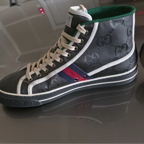 Gucci Tennis 1977 High Top Sneakers Black White Logo Canvas EU 43 Lace Up